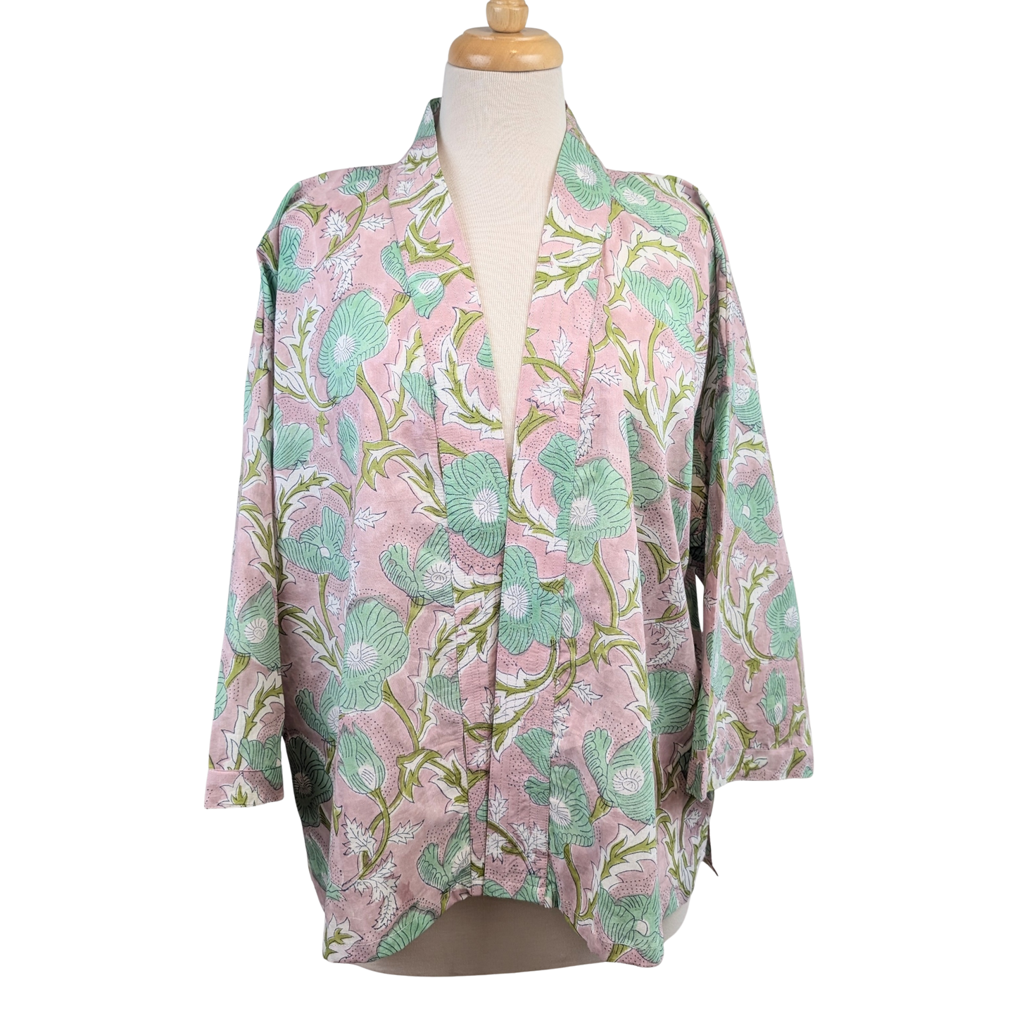 Lilac & Green Floral Cotton Kimono Jacket Indian Block Print