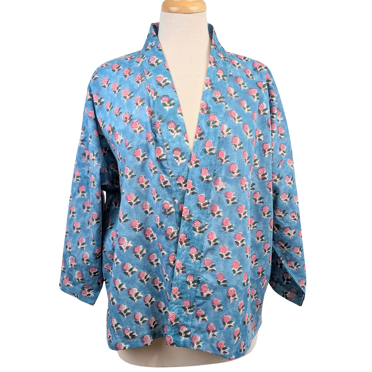 Blue Buti Floral Cotton Kimono Jacket Indian Block Print