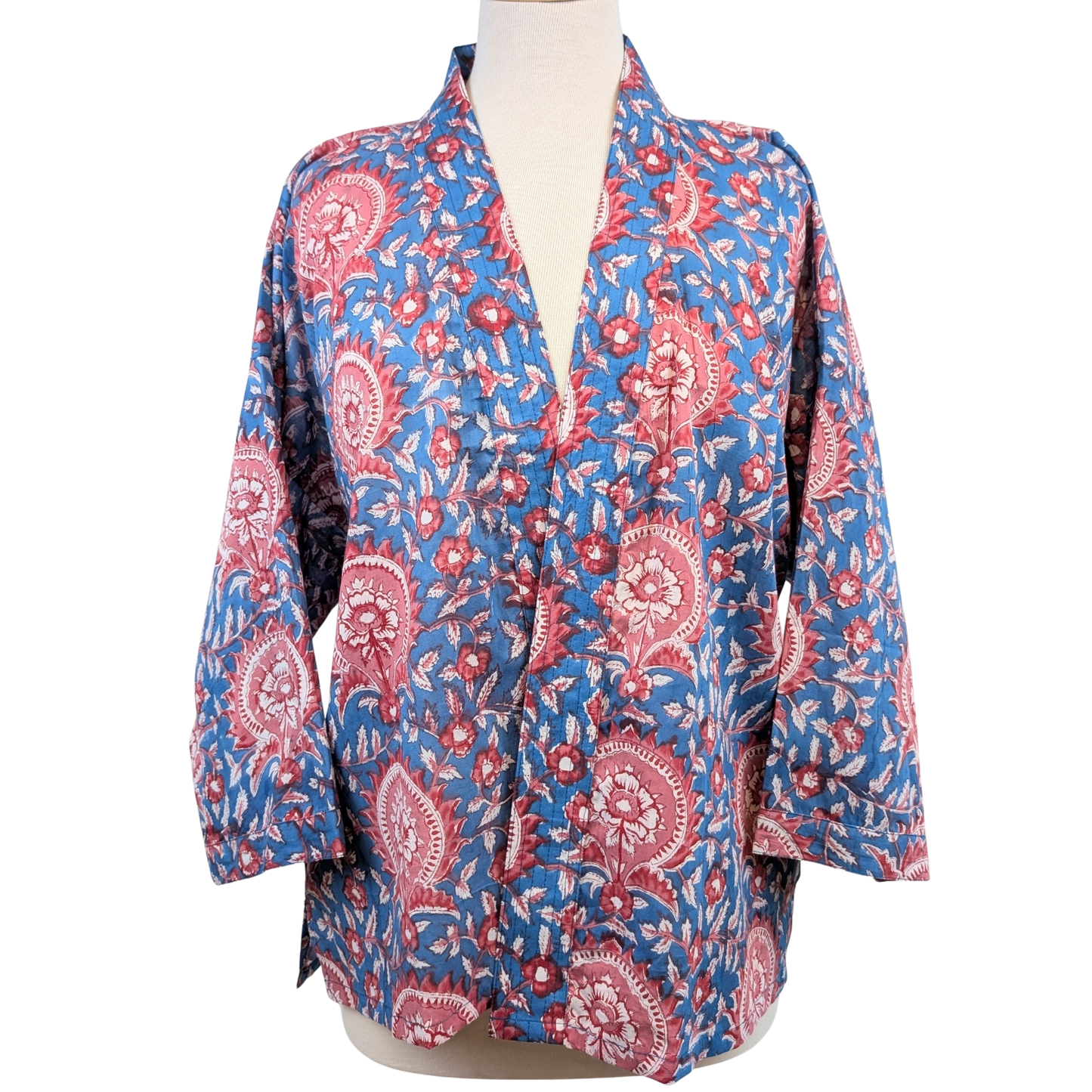 Blue & Red Floral Cotton Kimono Jacket Indian Block Print