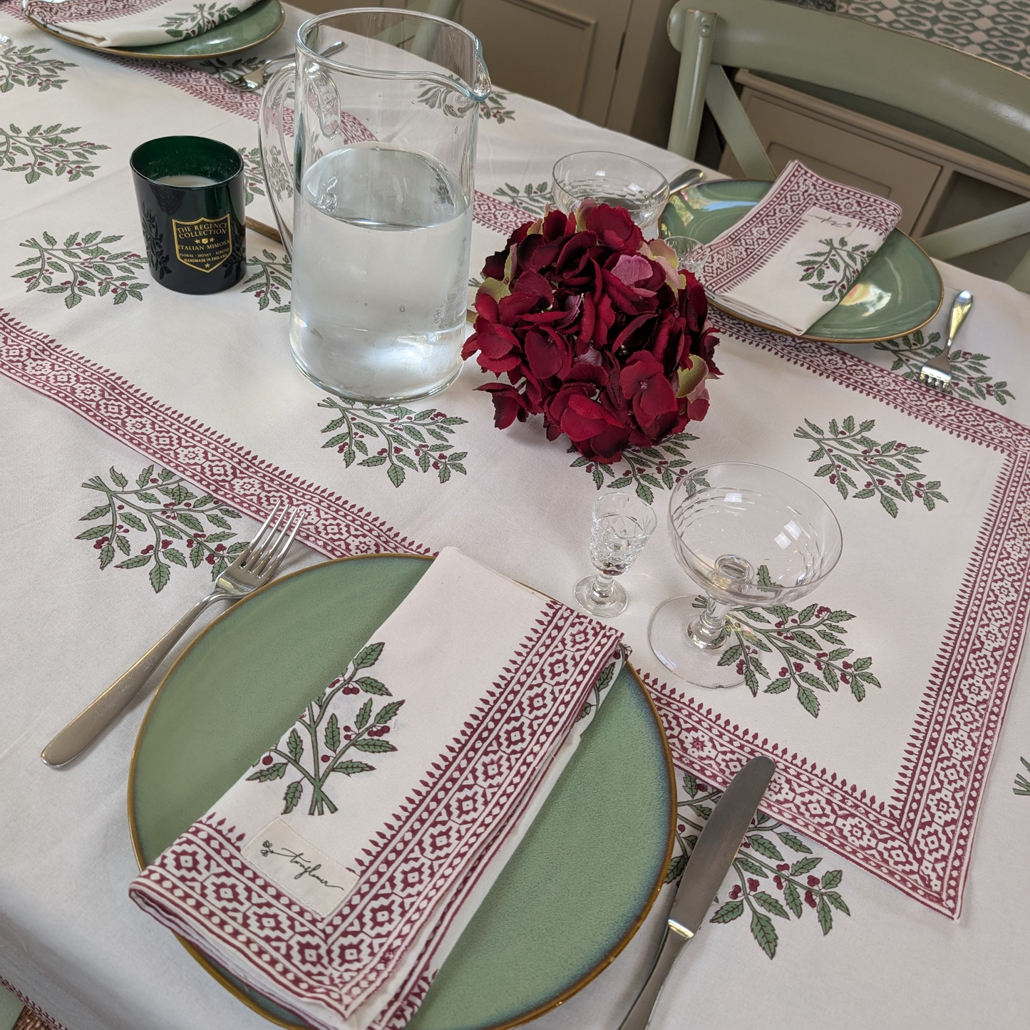 Christmas Holly Block Printed Table Runner 45x150cm - Precious Sparkle