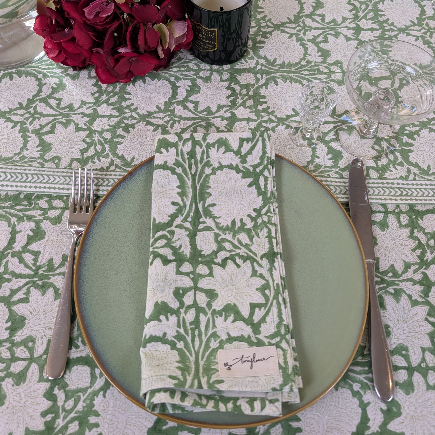 Emerald Green Floral Block Printed Napkin 50x50cm - Precious Sparkle