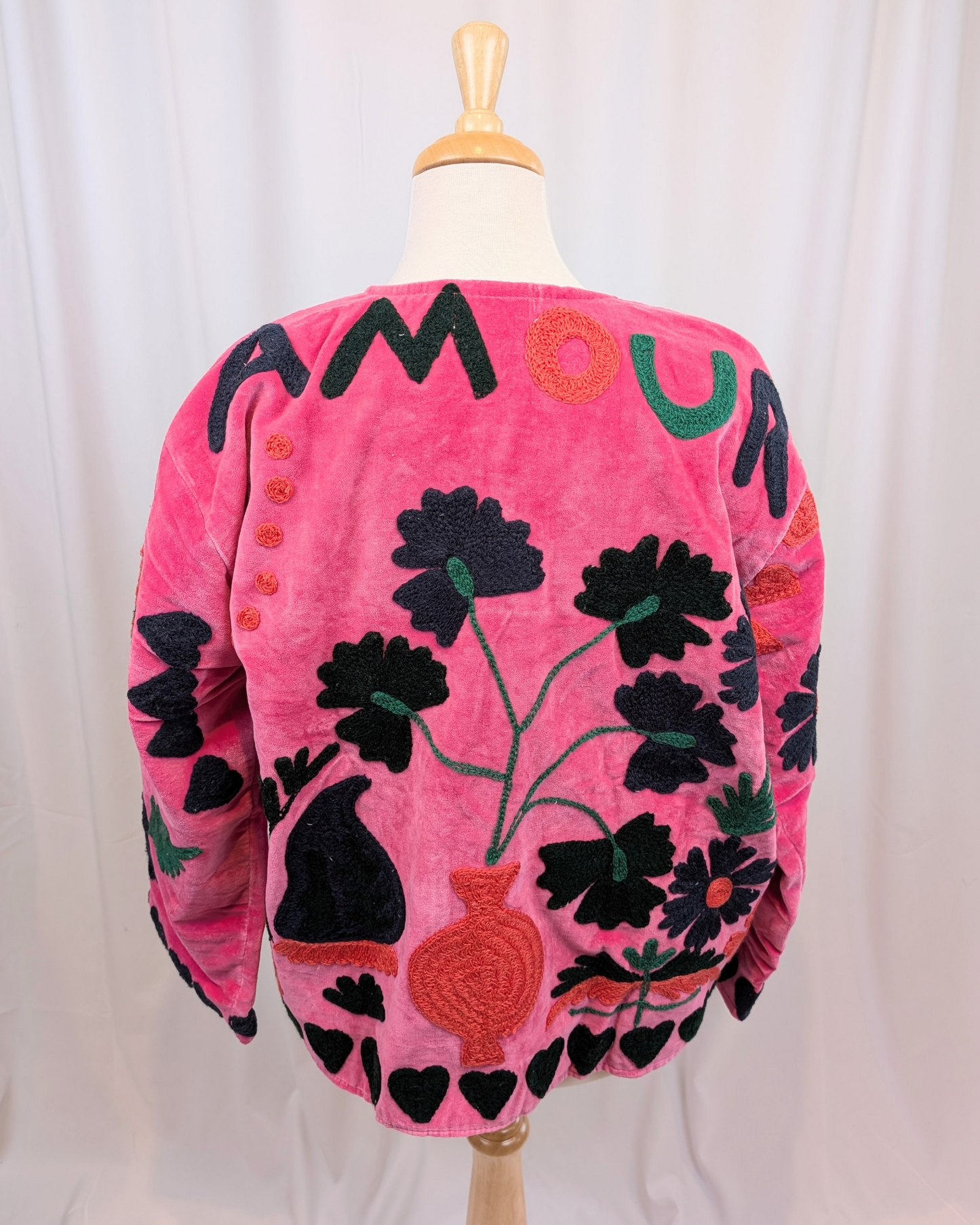 Amour Pink Velvet Suzani Kimono Embroidered Boho Jacket - Precious Sparkle