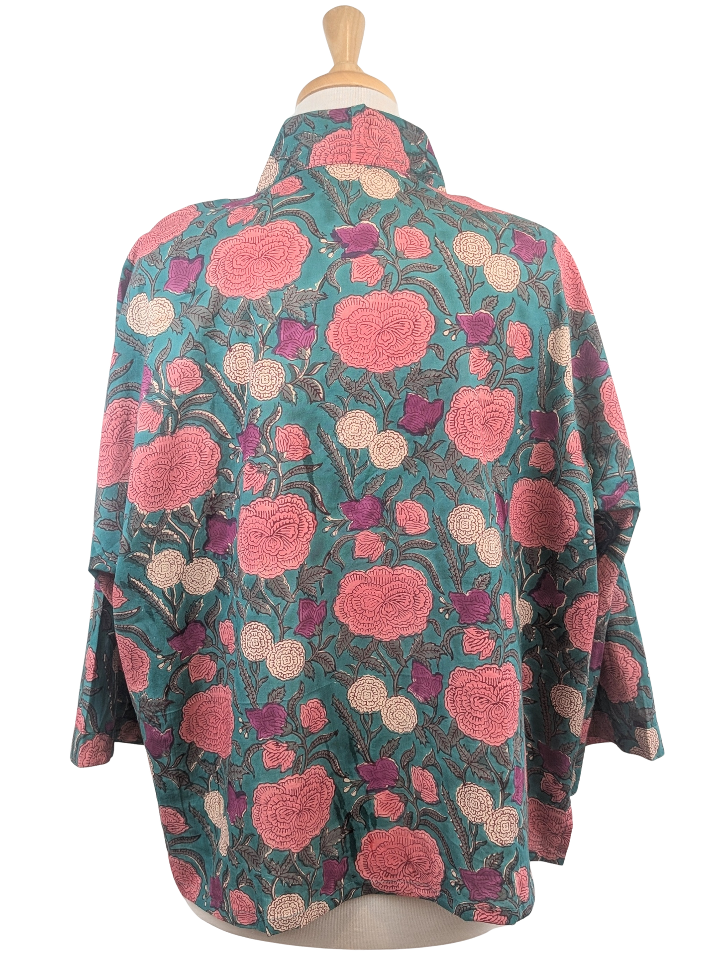Teal & Pink Floral Cotton Kimono Jacket Indian Block Print - Precious Sparkle