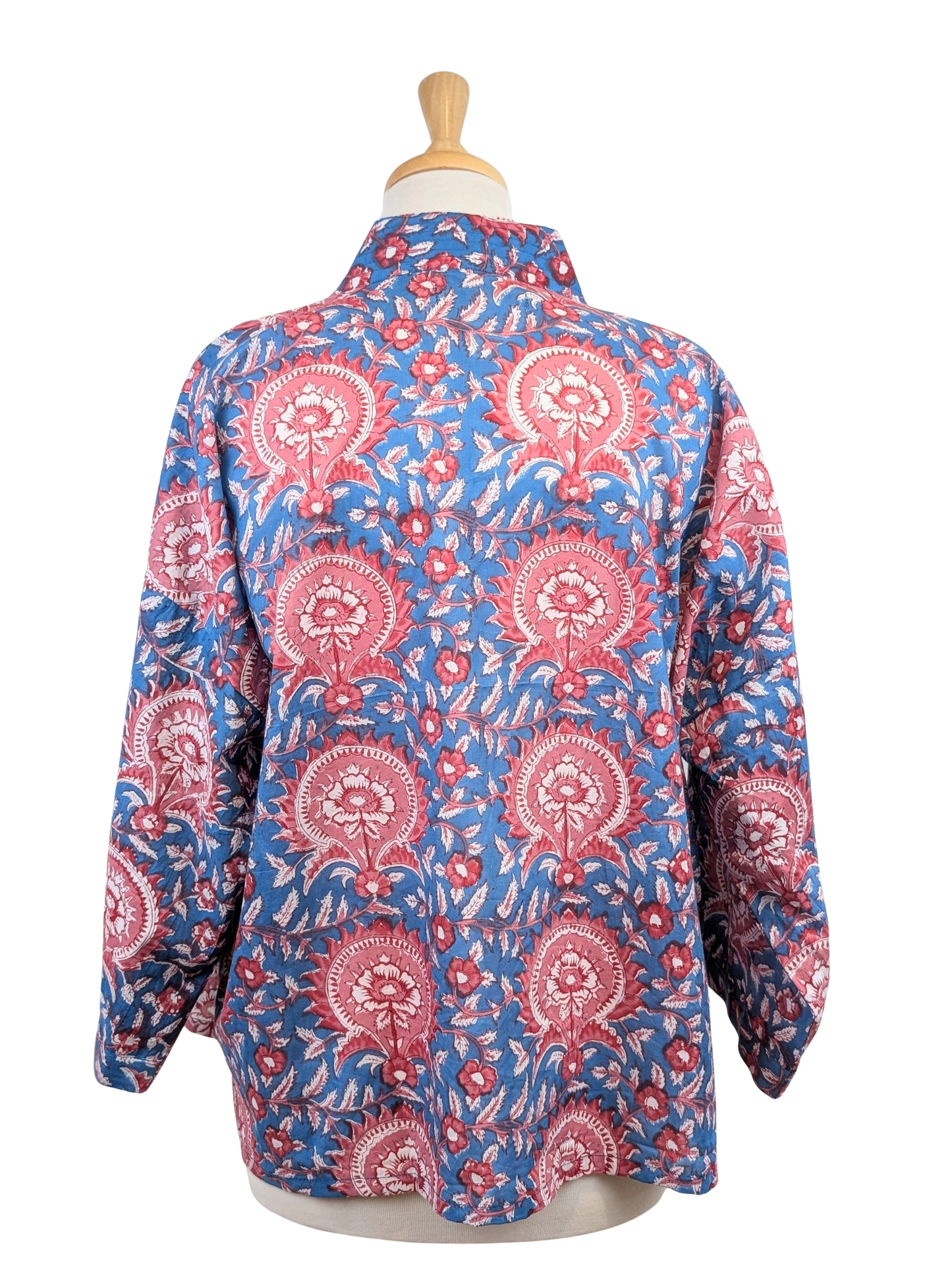 Blue & Red Floral Cotton Kimono Jacket Indian Block Print - Precious Sparkle