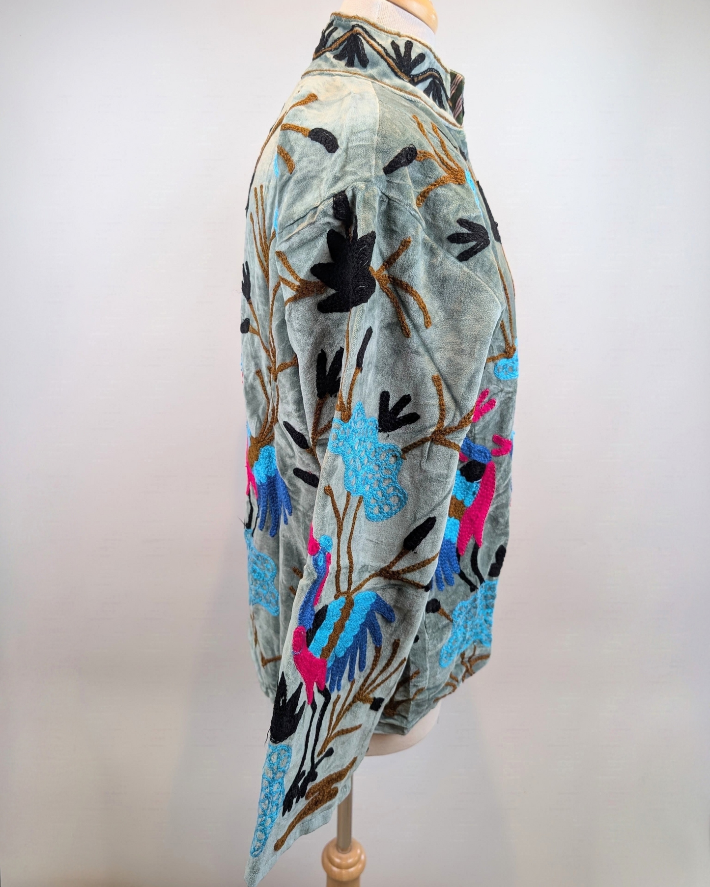 Mint Bird Velvet Suzani Kimono Embroidered Boho Jacket