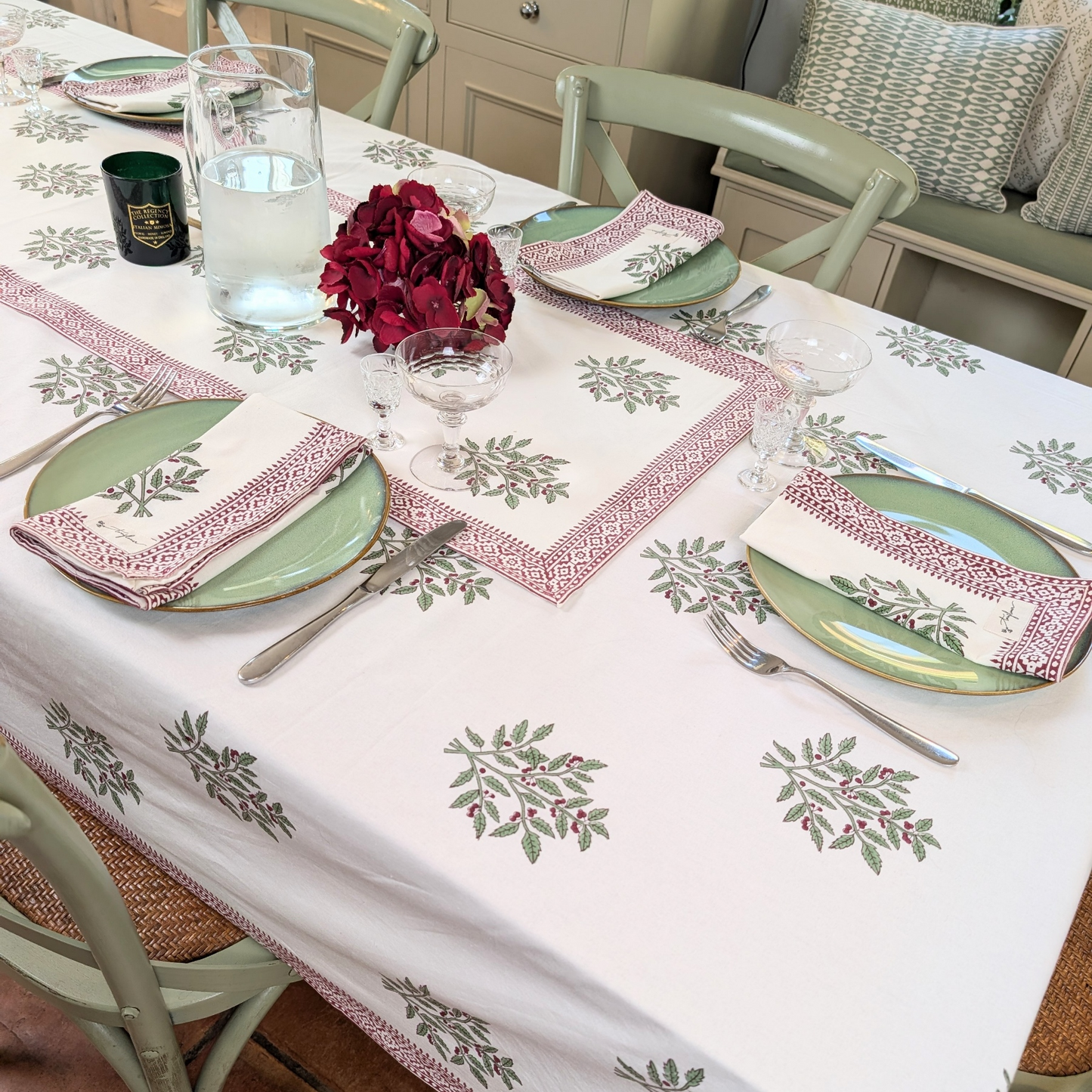 Christmas Holly Block Printed Table Cloth 150x250cm - Precious Sparkle