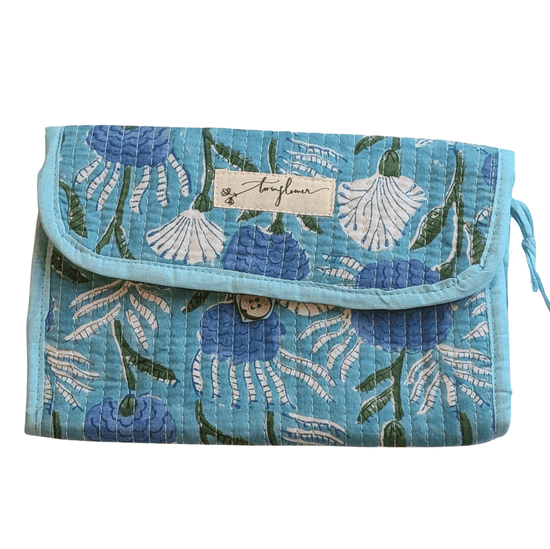 Aqua Floral Block Print Quilted 3 Fold Travel Bag - Precious Sparkle