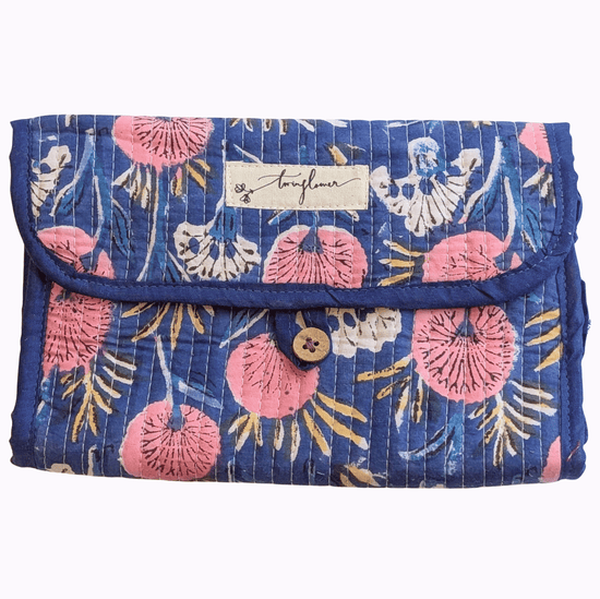 Blue & Pink Floral Block Print Quilted 3 Fold Travel Bag - Precious Sparkle