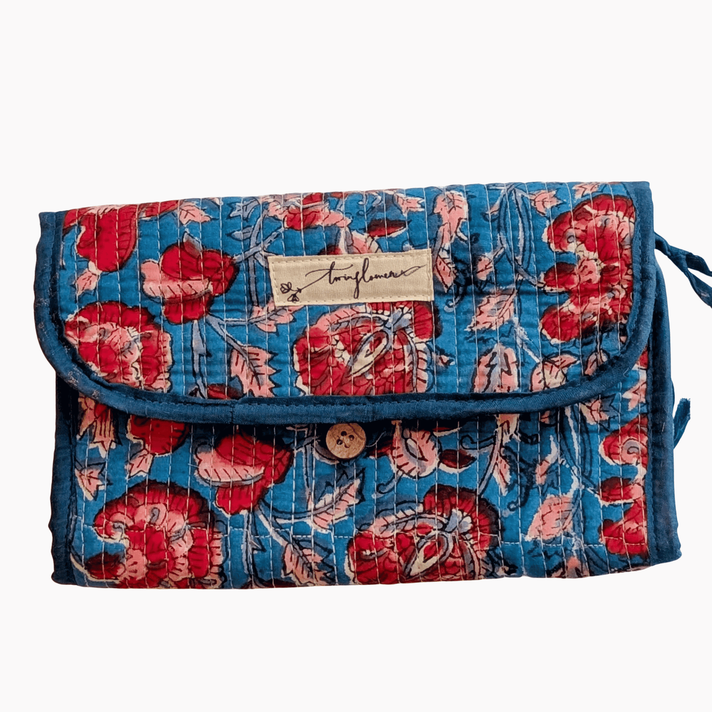 Blue & Red Floral Block Print Quilted  3 Fold Travel Bag - Precious Sparkle