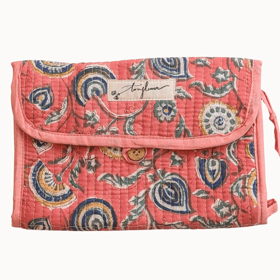 Fan Flower Pink Block Print Quilted 3 Fold Travel Bag - Precious Sparkle