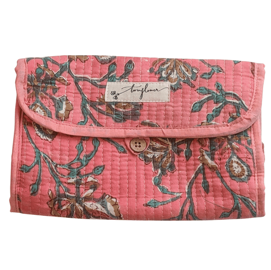 Pink Floral Block Print Quilted 3 Fold Travel Bag - Precious Sparkle