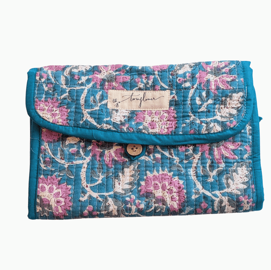 Teal & Pink Flower Block Print Quilted 3 Fold Travel Bag - Precious Sparkle