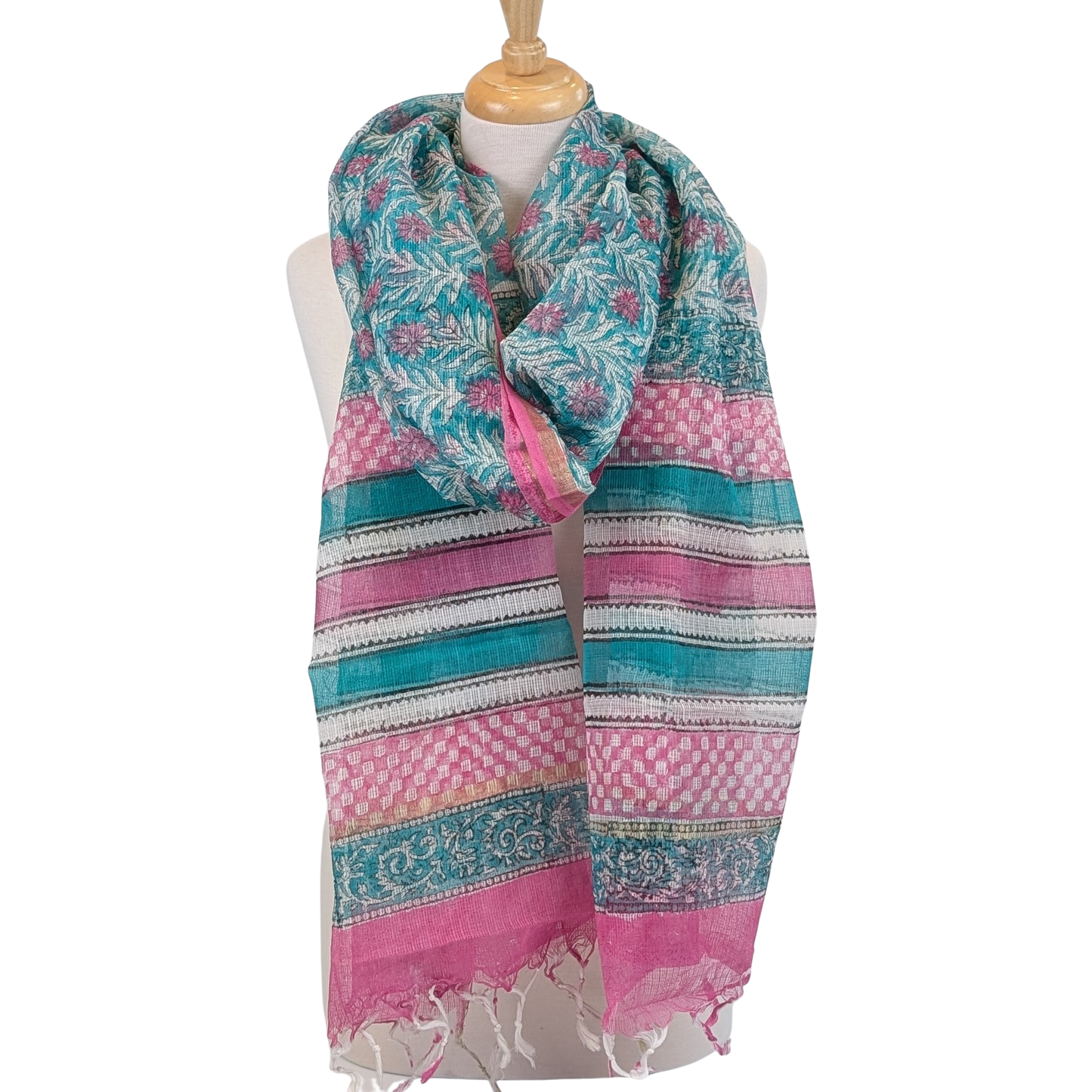 Twinflower Pink & Aqua Oversized Cotton/Silk Scarf - Precious Sparkle