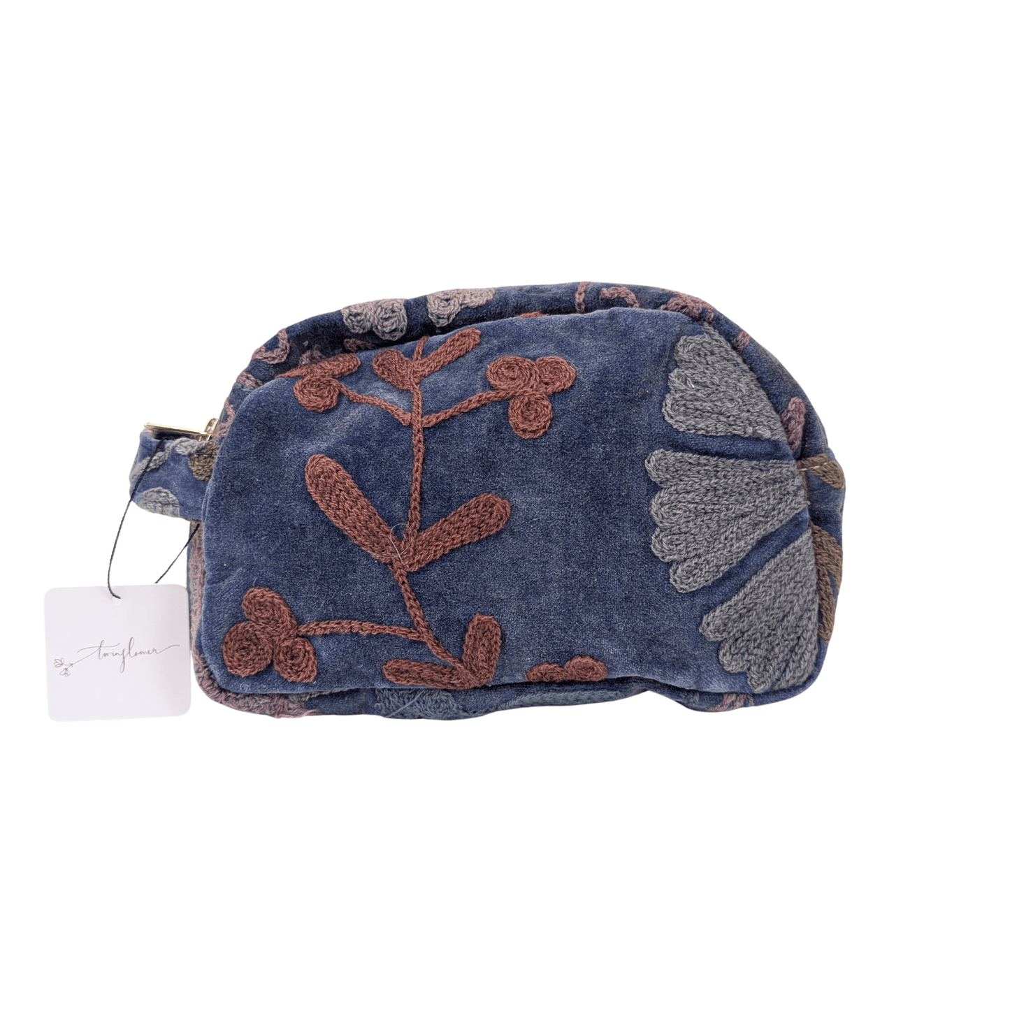 Twinflower Velvet Suzani Pouch Makeup Bag Blue - Precious Sparkle