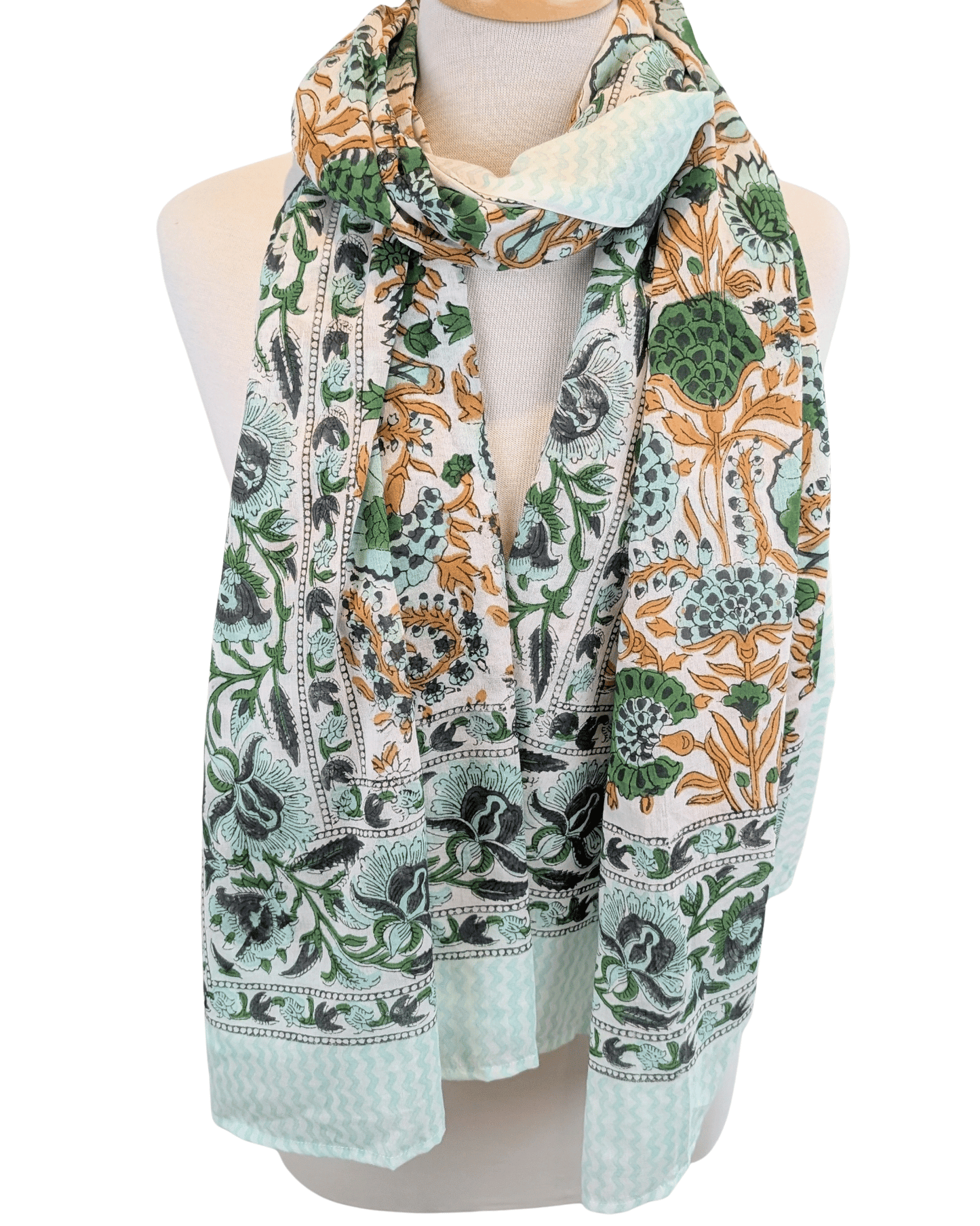 Green & Mustard Floral Block Print Cotton Sarong Scarf