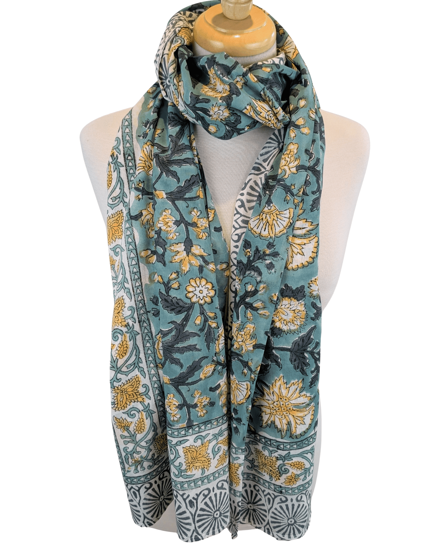 Teal & Yellow Floral Block Print Cotton Sarong Scarf