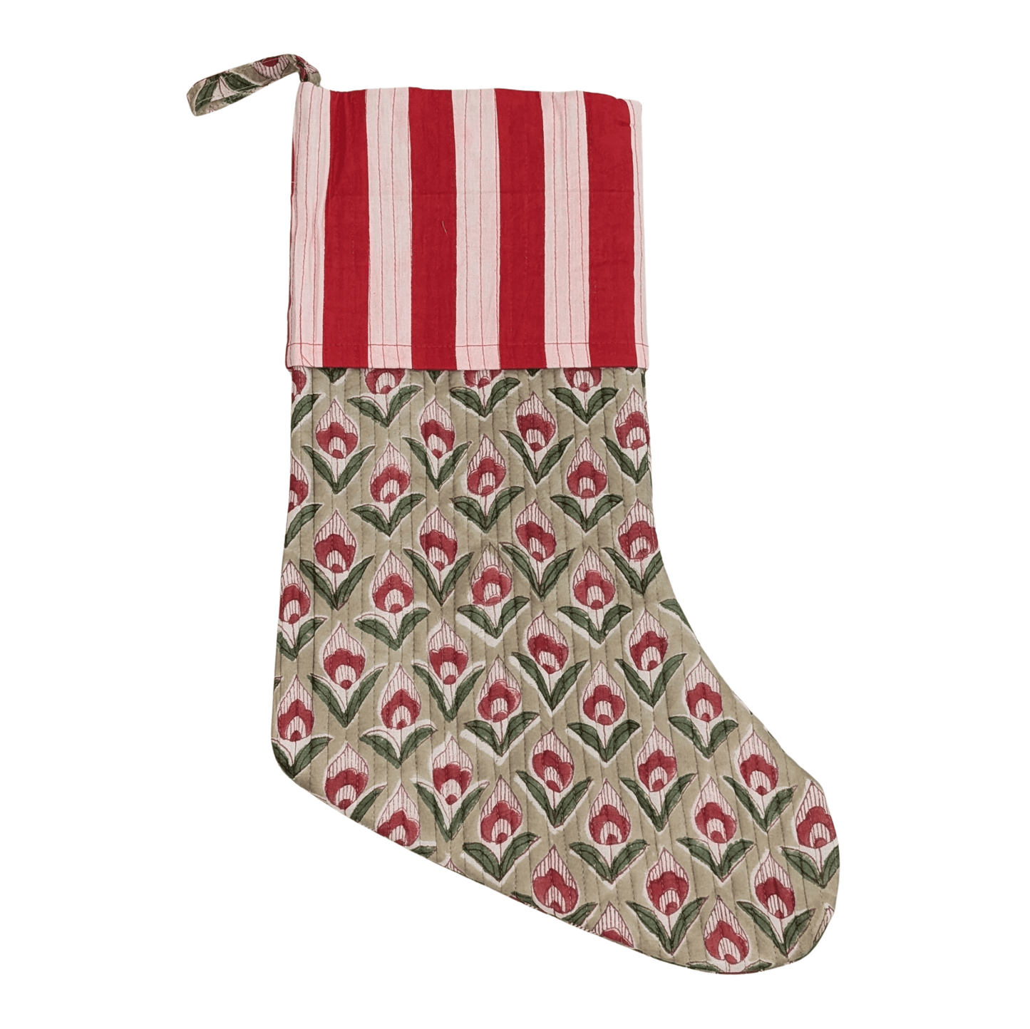 Large Christmas Stocking Block Print Green Print Red Stripe - Precious Sparkle
