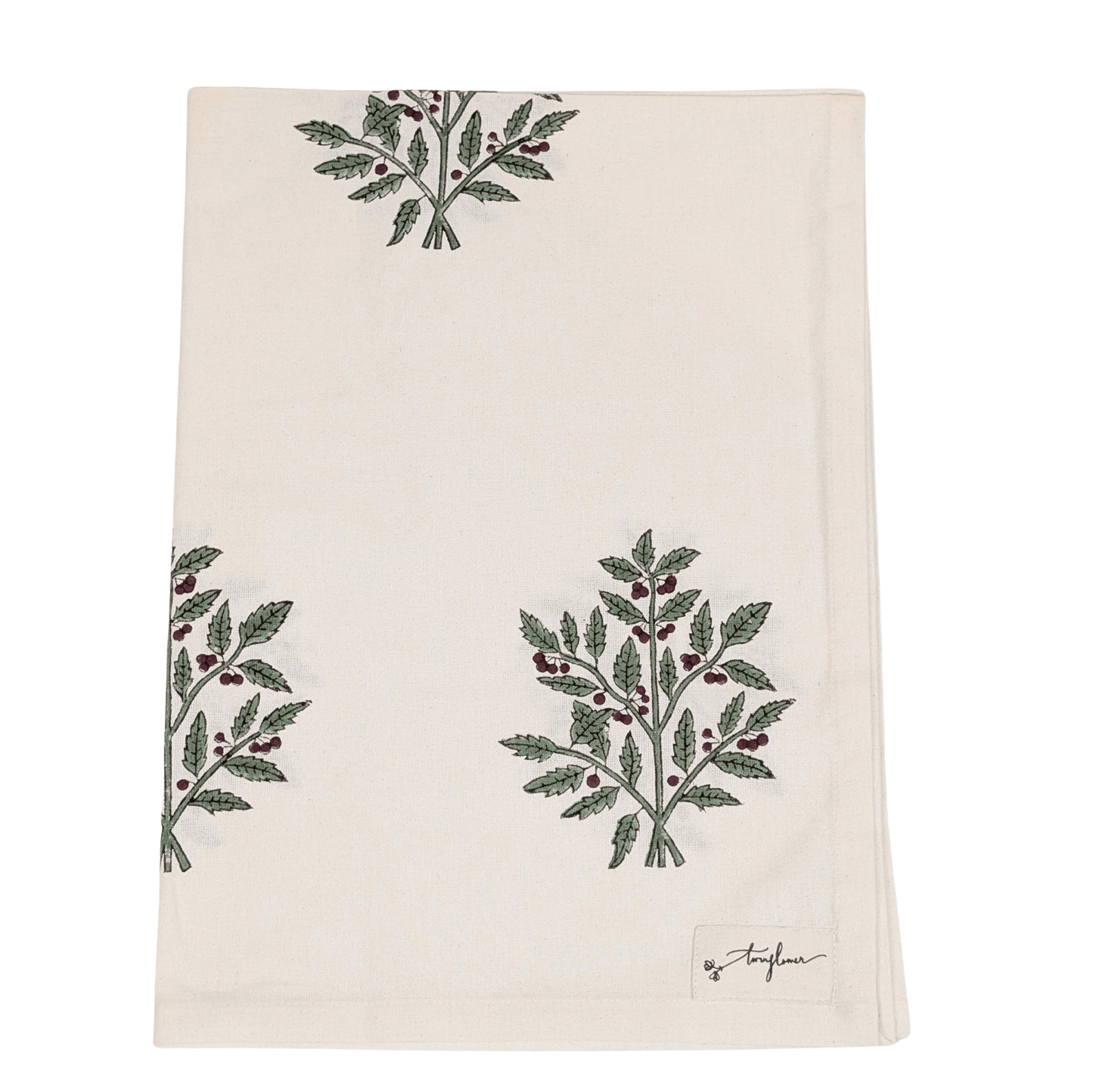 Christmas Holly Block Printed Cotton Tea Towel - Precious Sparkle