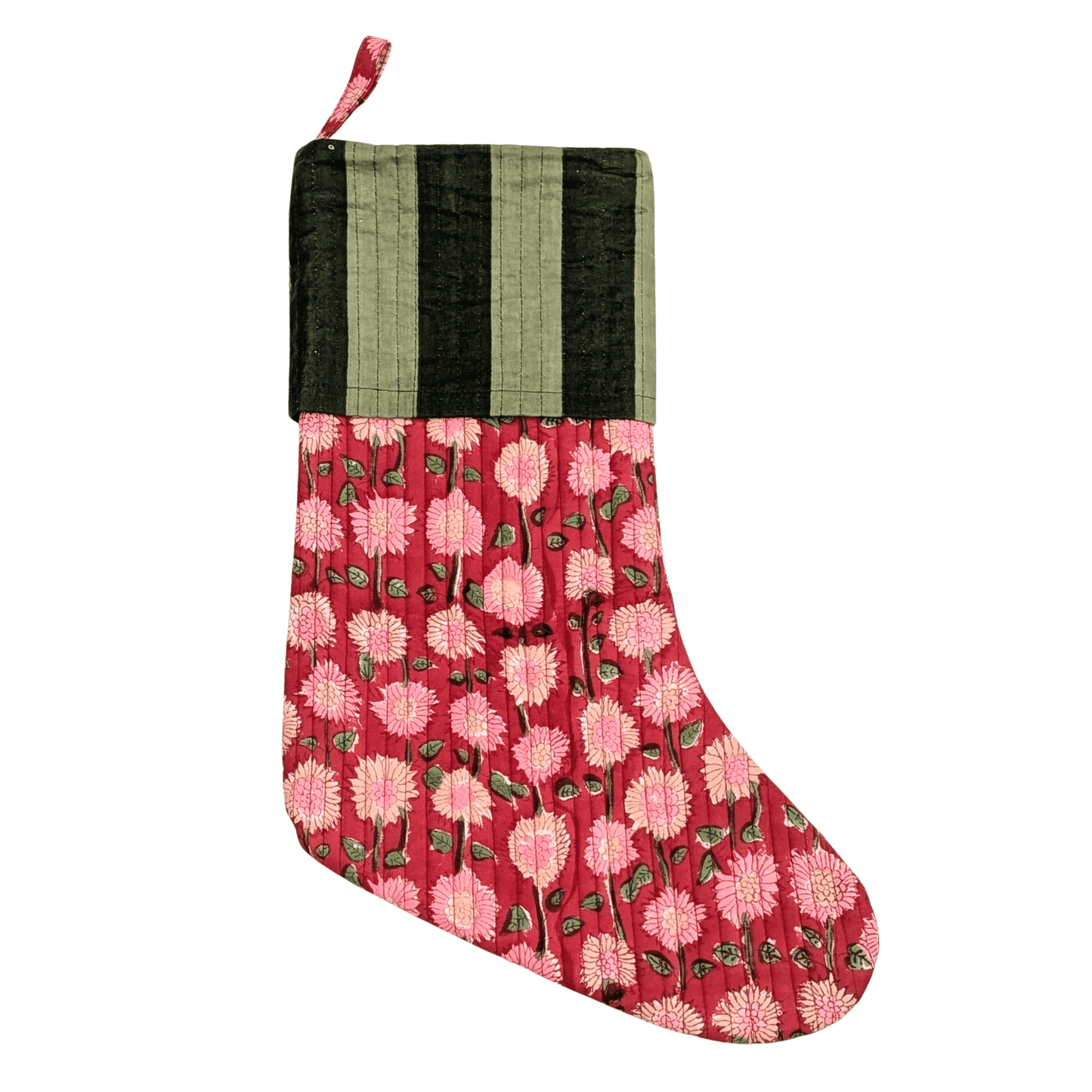Large Christmas Stocking Block Print Red Floral Green Stripe - Precious Sparkle