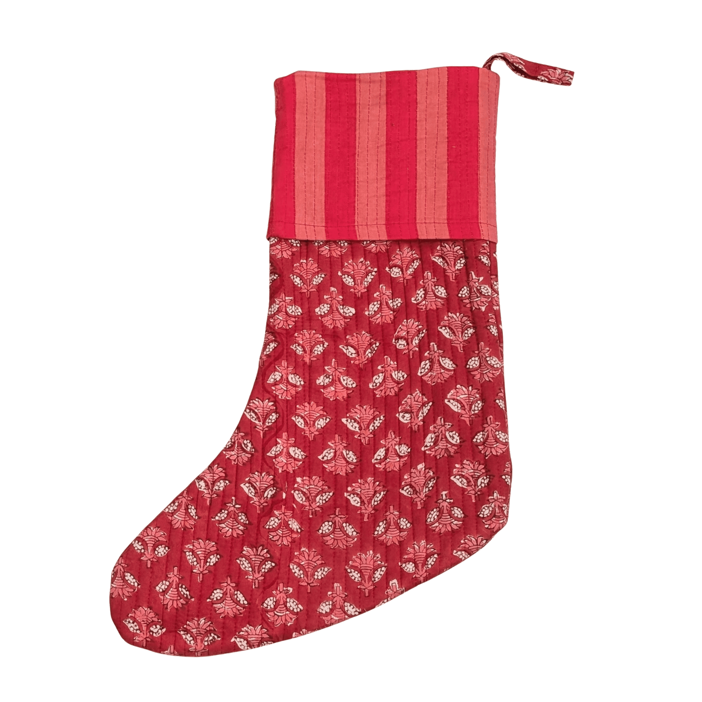 Large Christmas Stocking Block Print Red Floral & Stripe - Precious Sparkle