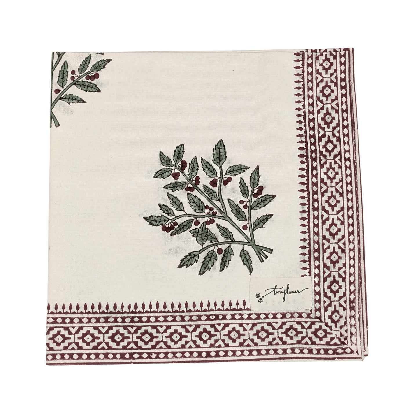 Christmas Holly Block Printed Napkin 50x50cm - Precious Sparkle