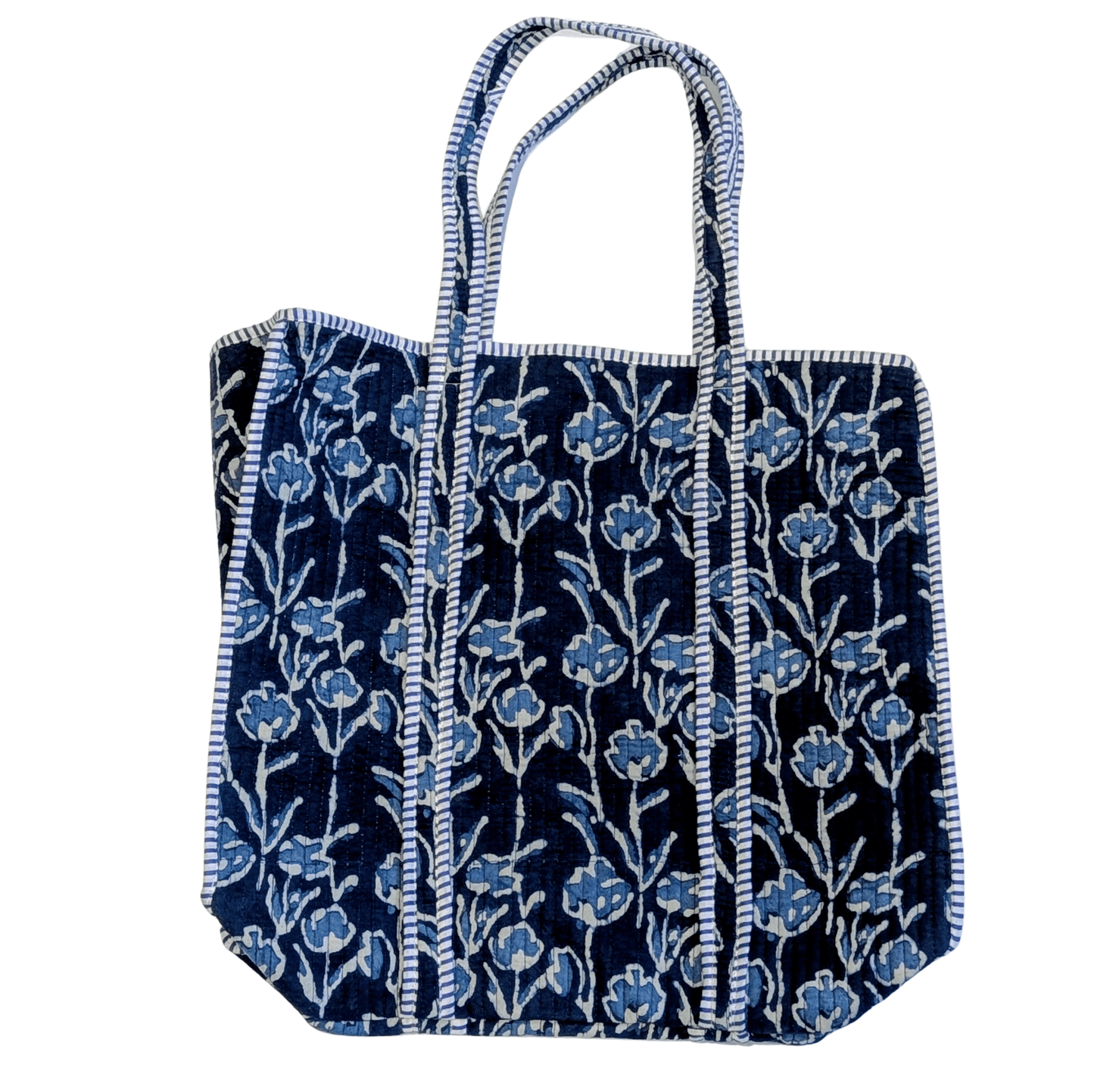 Cotton Quilted Indian Tote Bag Blue Trailing Flowers - Precious Sparkle