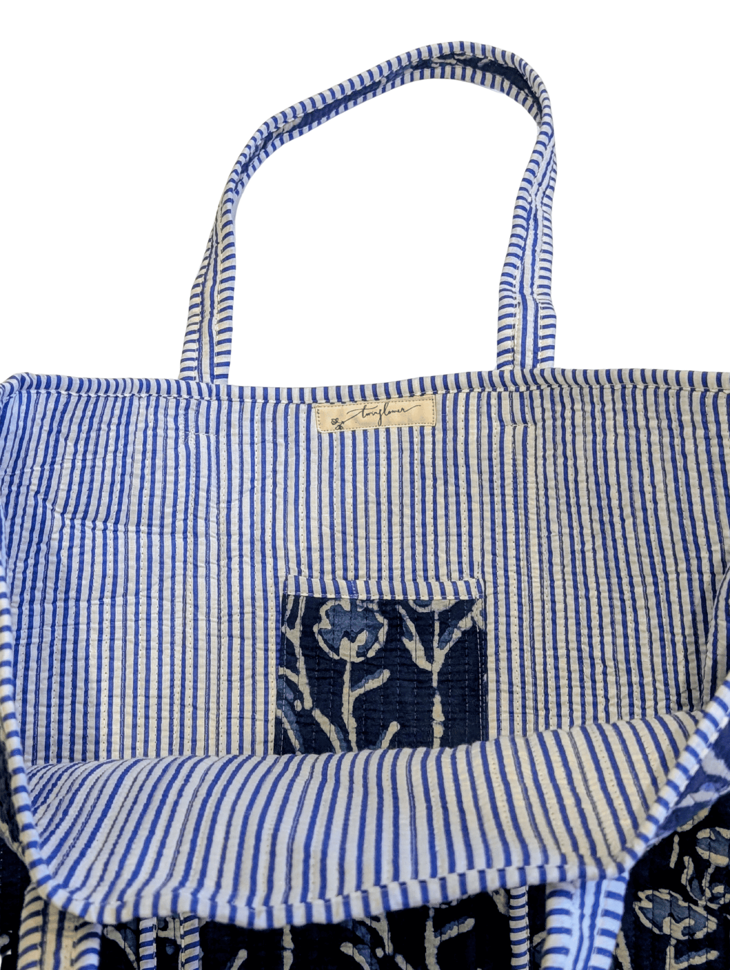 Cotton Quilted Indian Tote Bag Blue Trailing Flowers - Precious Sparkle