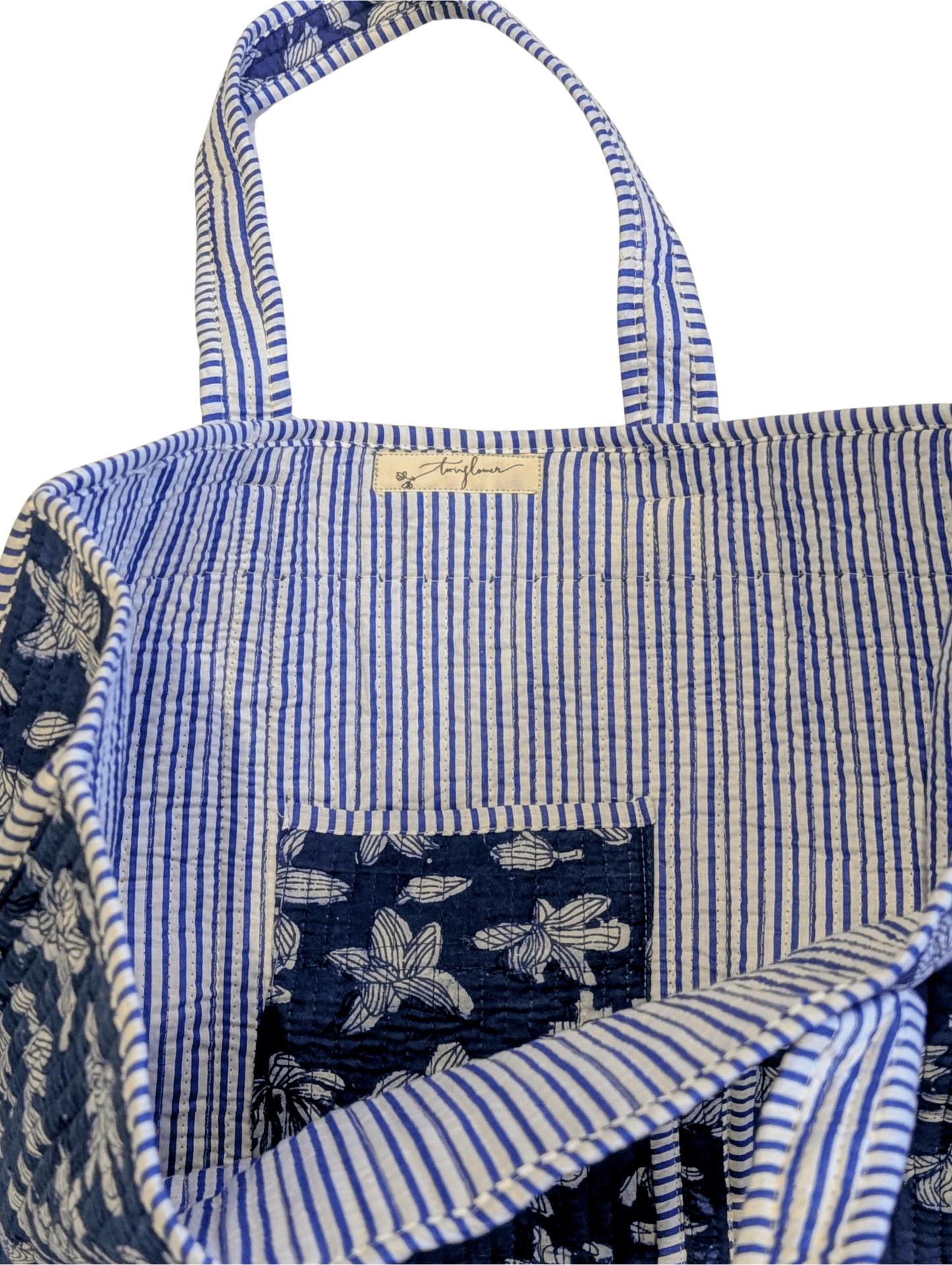 Cotton Quilted Indian Tote Bag Indigo Blue Scattered Flowers - Precious Sparkle