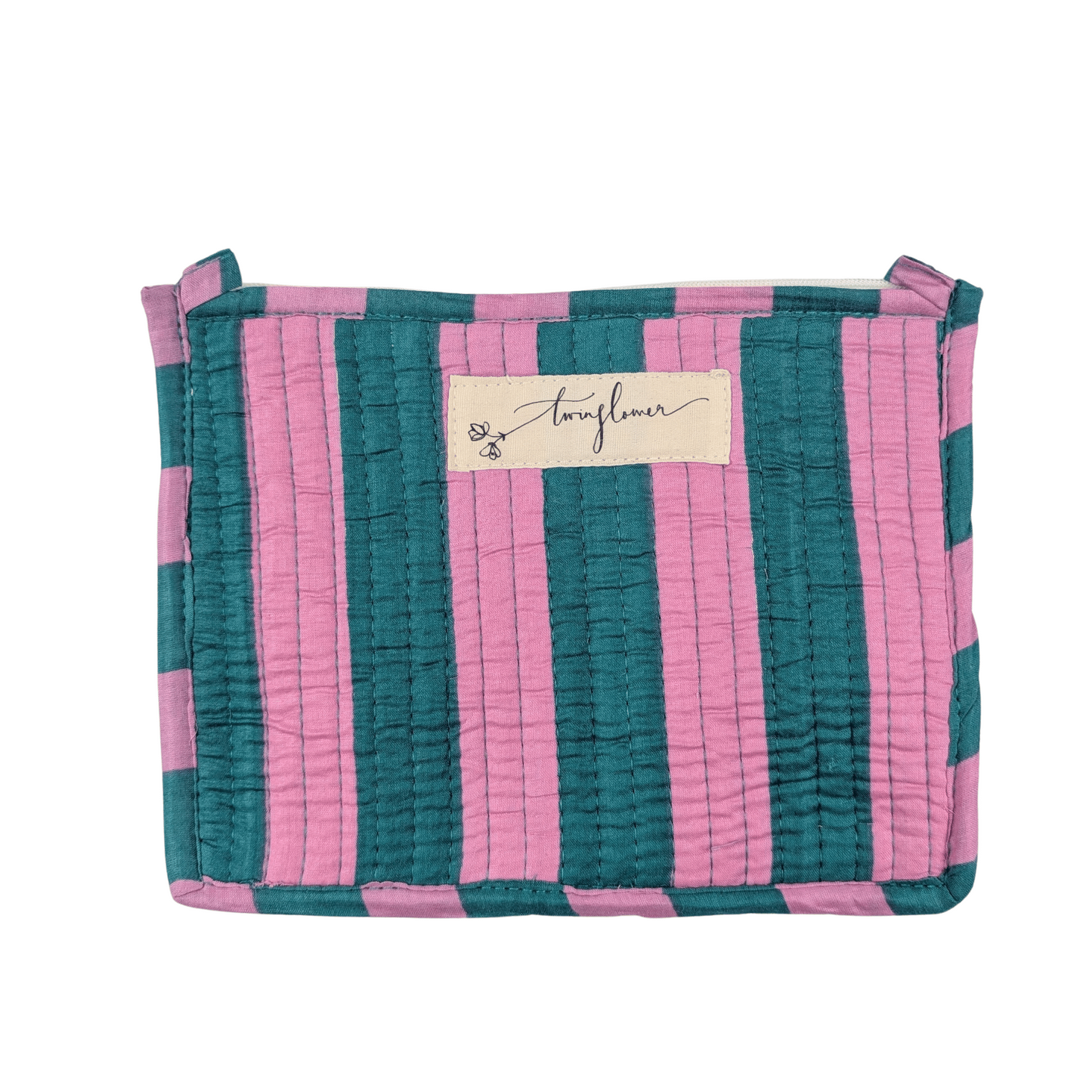Twinflower Pink & Teal Striped Quilted Medium Pouch Purse - Precious Sparkle