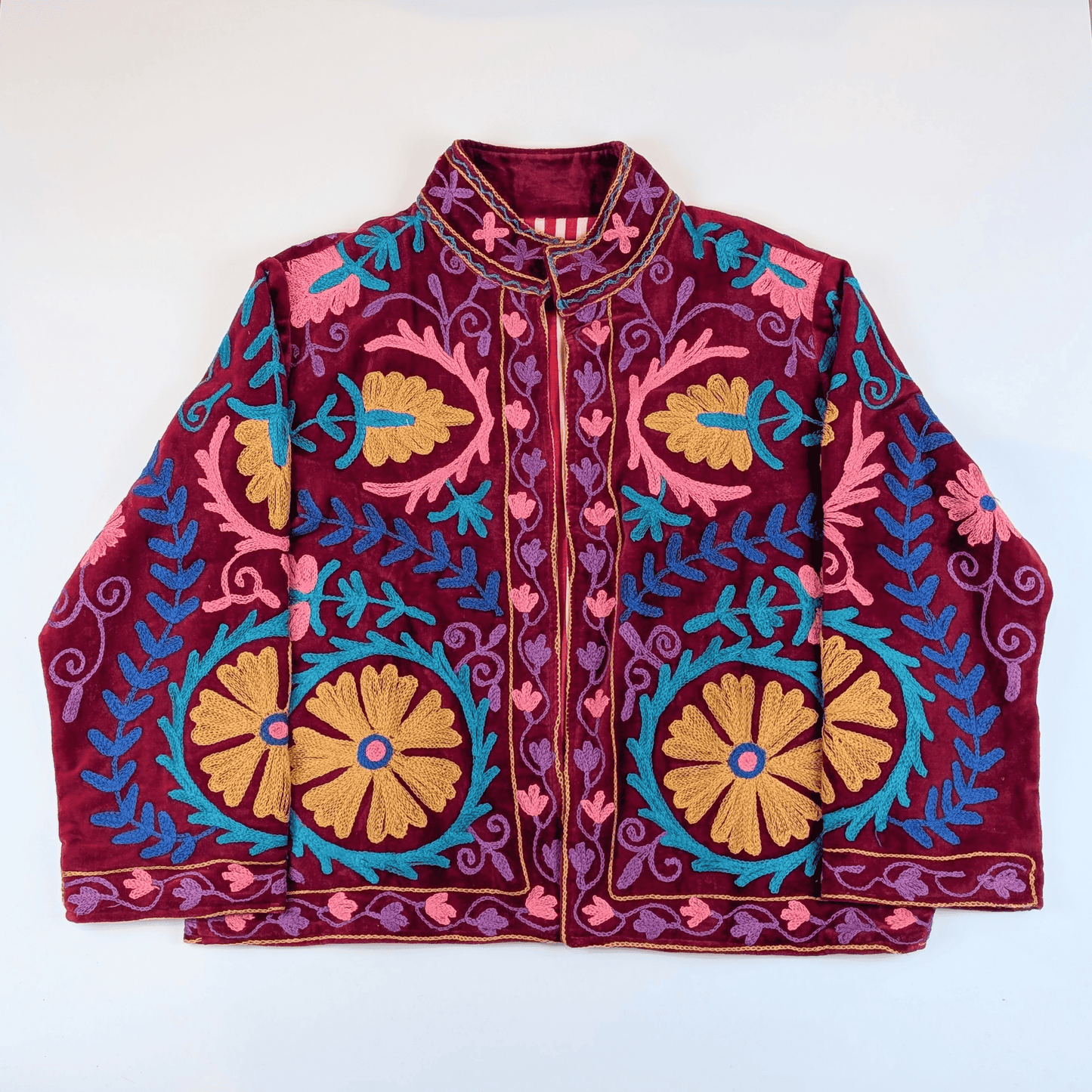 Flora Velvet Suzani Embroidered Ladies Jacket Red - Precious Sparkle