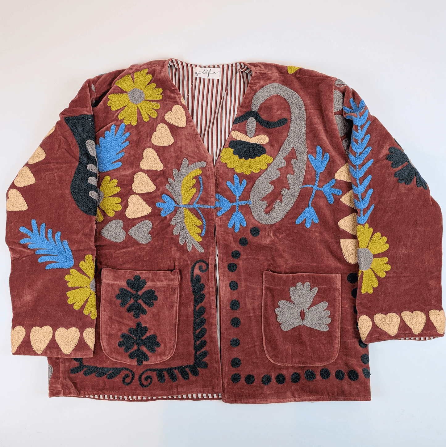 Amour Russet Velvet Suzani Kimono Embroidered Boho Jacket - Precious Sparkle