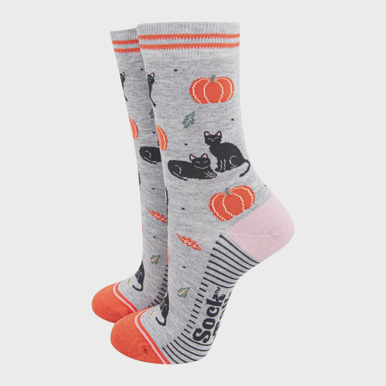 Sock Talk Women's Bamboo Socks Light Grey/Orange, Cats and Pumpkins - Precious Sparkle