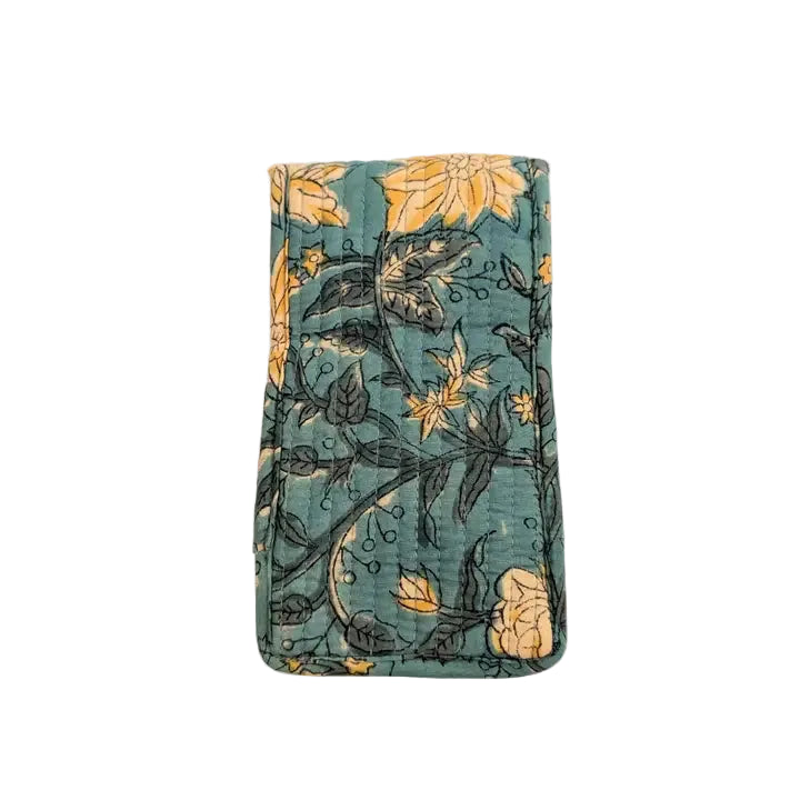 Teal & Yellow Floral Block Print Quilted Glasses Case - Precious Sparkle