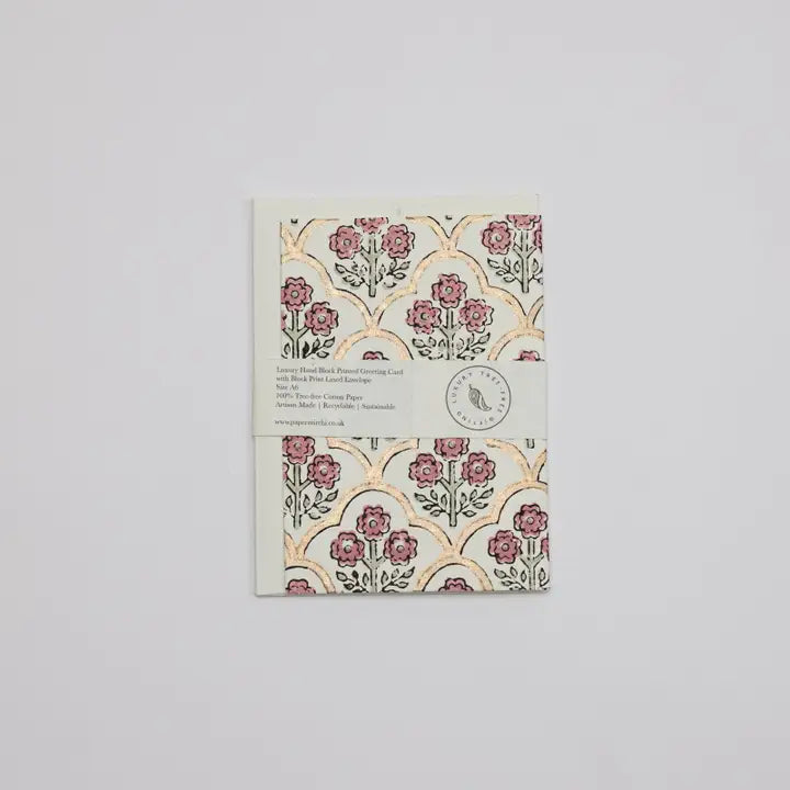 Paper Mirchi Hand Block Printed Greeting Card Trellis Pink Earth - Precious Sparkle