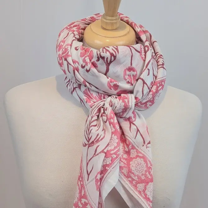 Pink & White Block Print Oversized Bandana Square Scarf