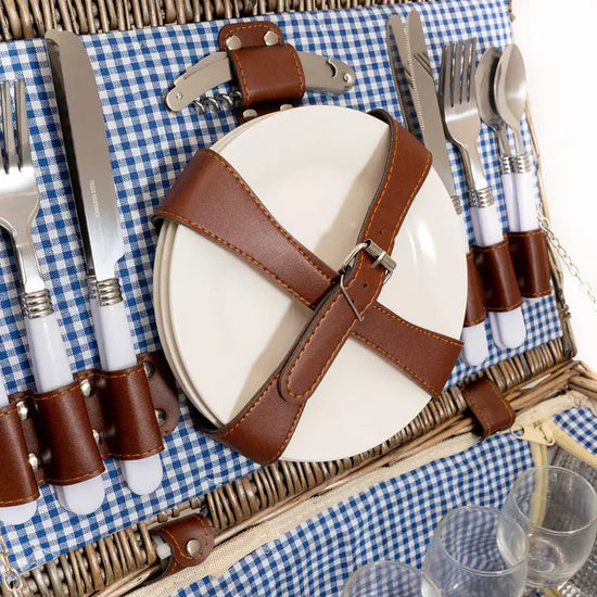 4 Person Blue Gingham Lined Wicker Picnic Basket - Precious Sparkle