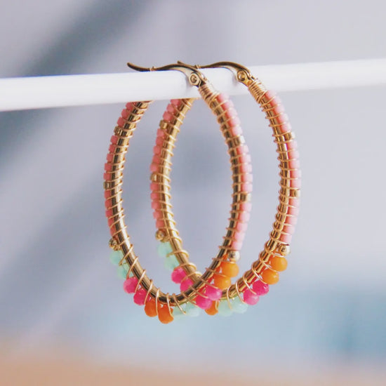 Bazou Bead  Oval Hoop Earrings Orange/Pink