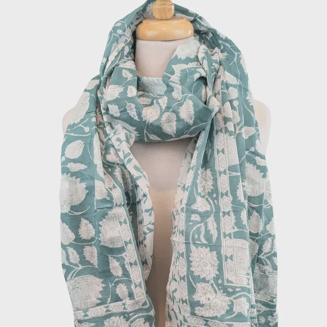 Green & White Floral Block Print Sarong Scarf - Precious Sparkle