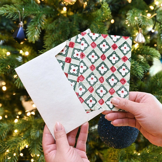 Hand Block Printed Greeting Card Floral Checks Sage - Precious Sparkle