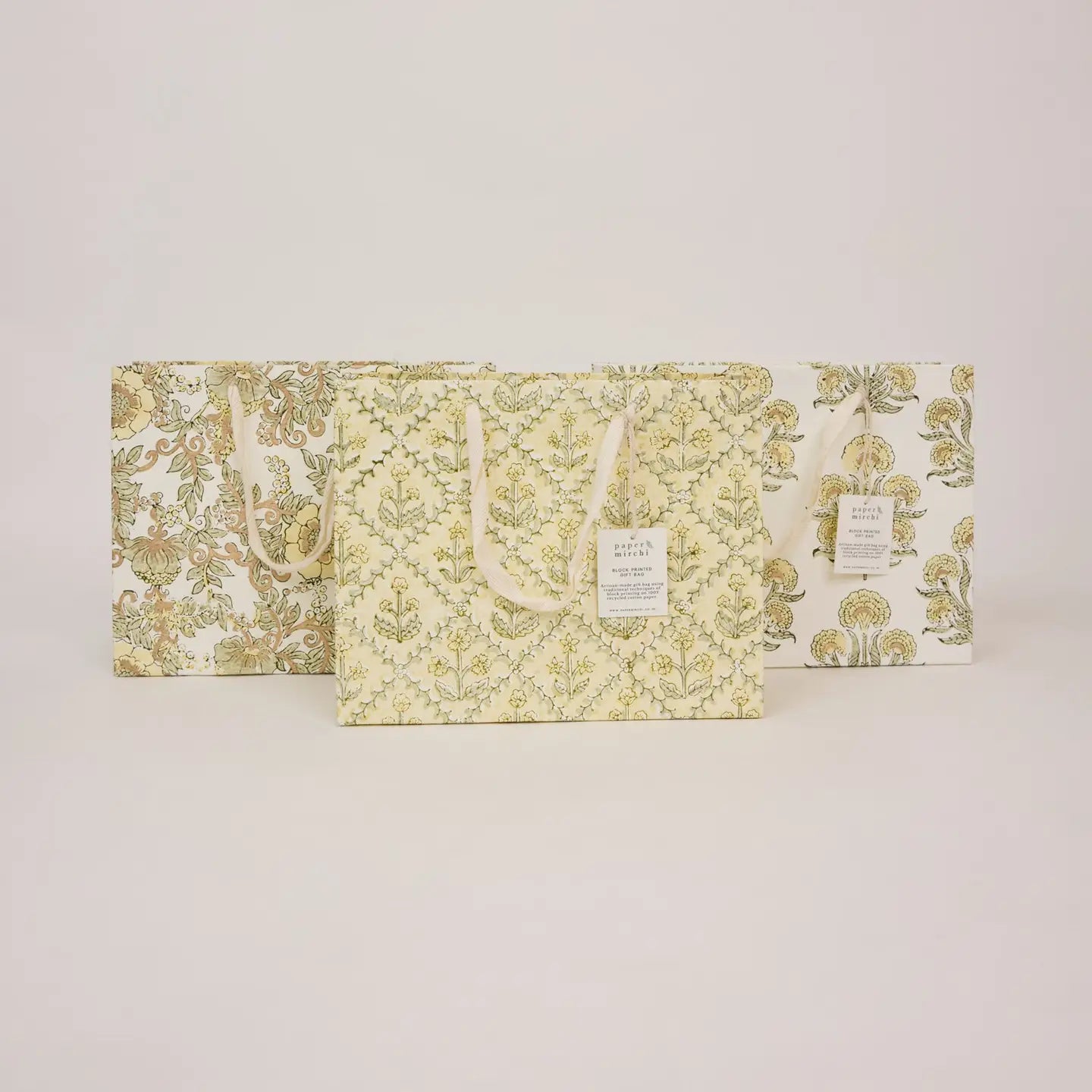 Paper Mirchi Hand Block Printed Gift Bag Medium Buttercream - Precious Sparkle