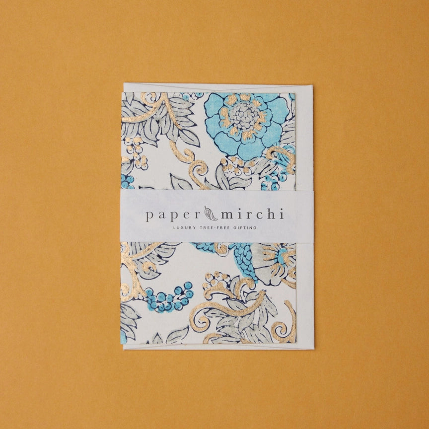 Paper Mirchi Block Printed Card Wild Rose Blue Opal