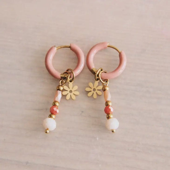 Bazou Jewellery Bazou Pink Creole Earrings with Flowers