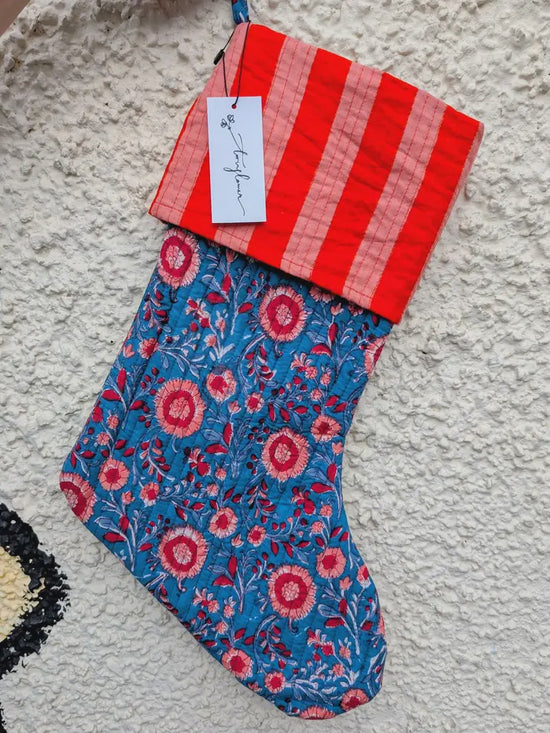 Large Christmas Stocking Block Print Blue & Red Flower - Precious Sparkle