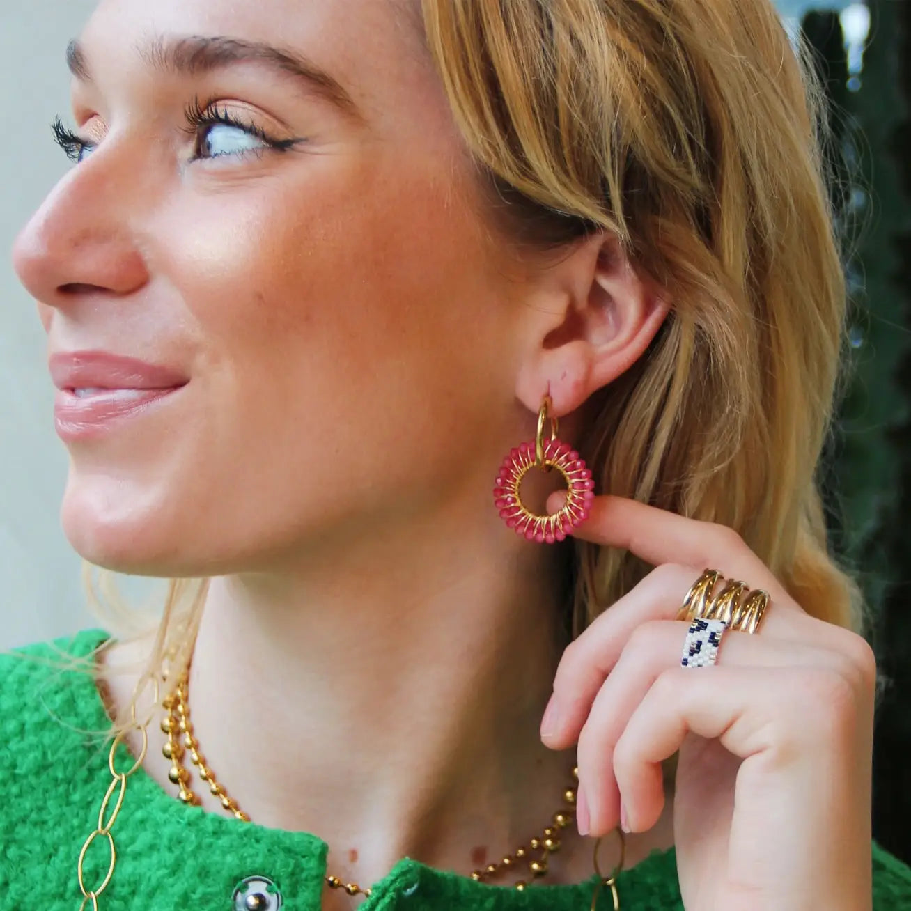 Bazou Double Bead Hoop Earrings Fuschia