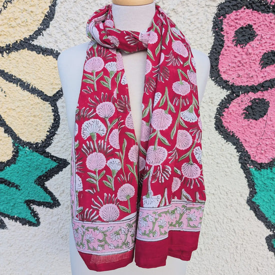 Red & Pink Floral Block Print Pareo Sarong Scarf - Precious Sparkle
