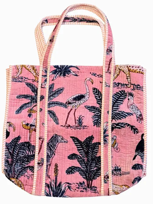 Velvet Quilted Indian Tote Bag- Pale Pink Leopard - Precious Sparkle