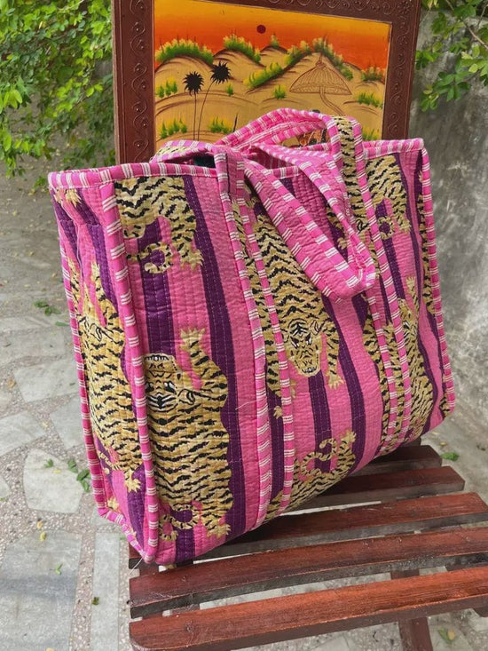 Bhawana Handicrafts Accessories Cotton Purple Stripe Tiger Quilted Tote Bag