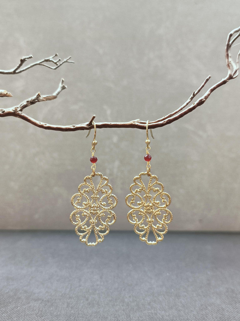 Brass Filigree Earrings with Red Stone - Precious Sparkle