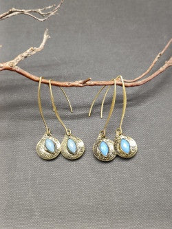 Engraved Broze Pear Drop Earrings with Blue Stone - Precious Sparkle