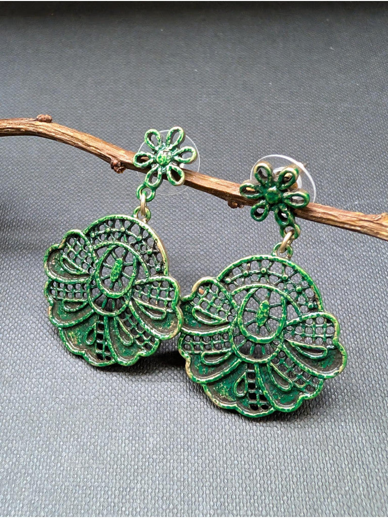 Green Rosette Earrings Enameled Brass - Precious Sparkle